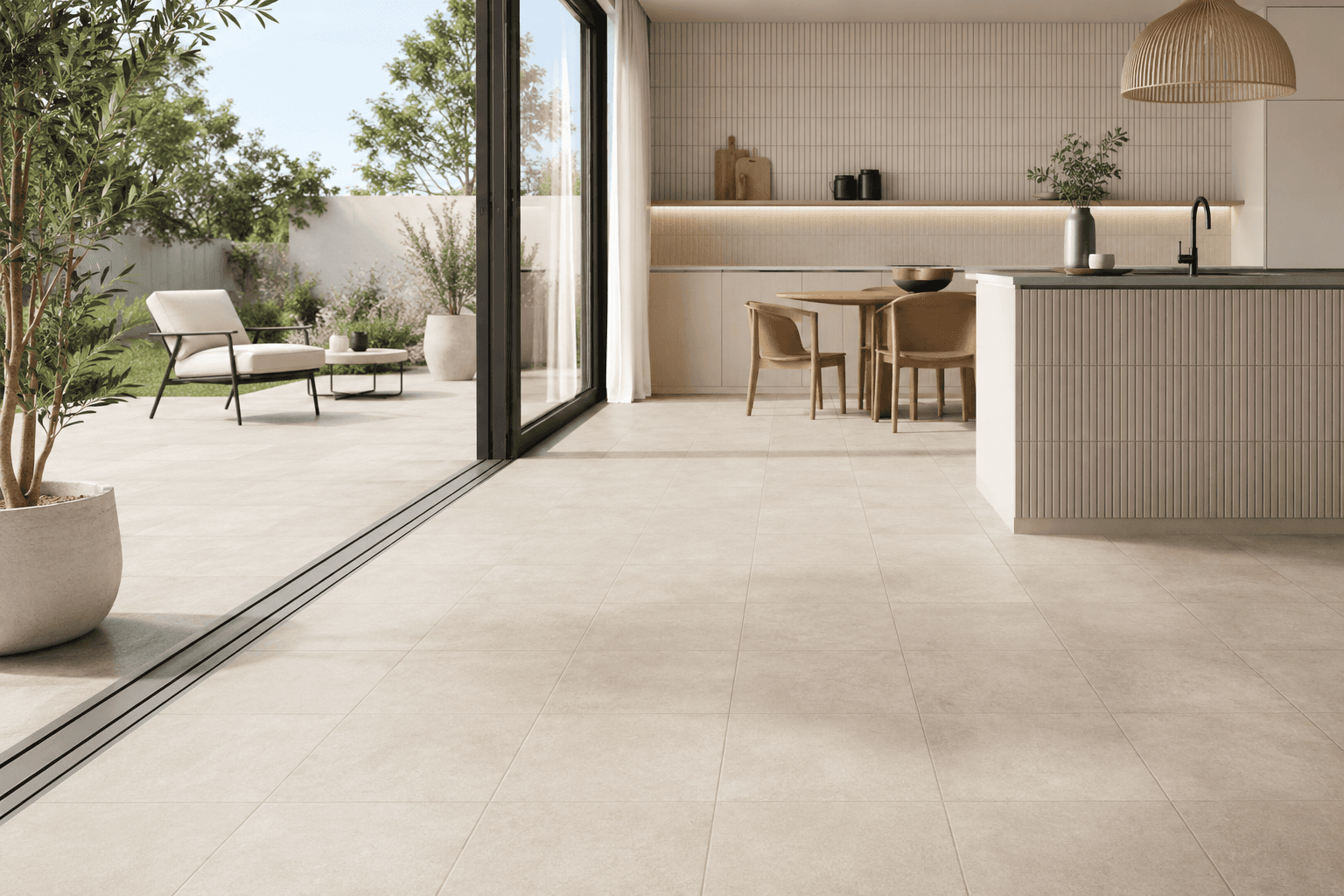 Modern kitchen and patio with large-format tile flooring and ribbed backsplash tile